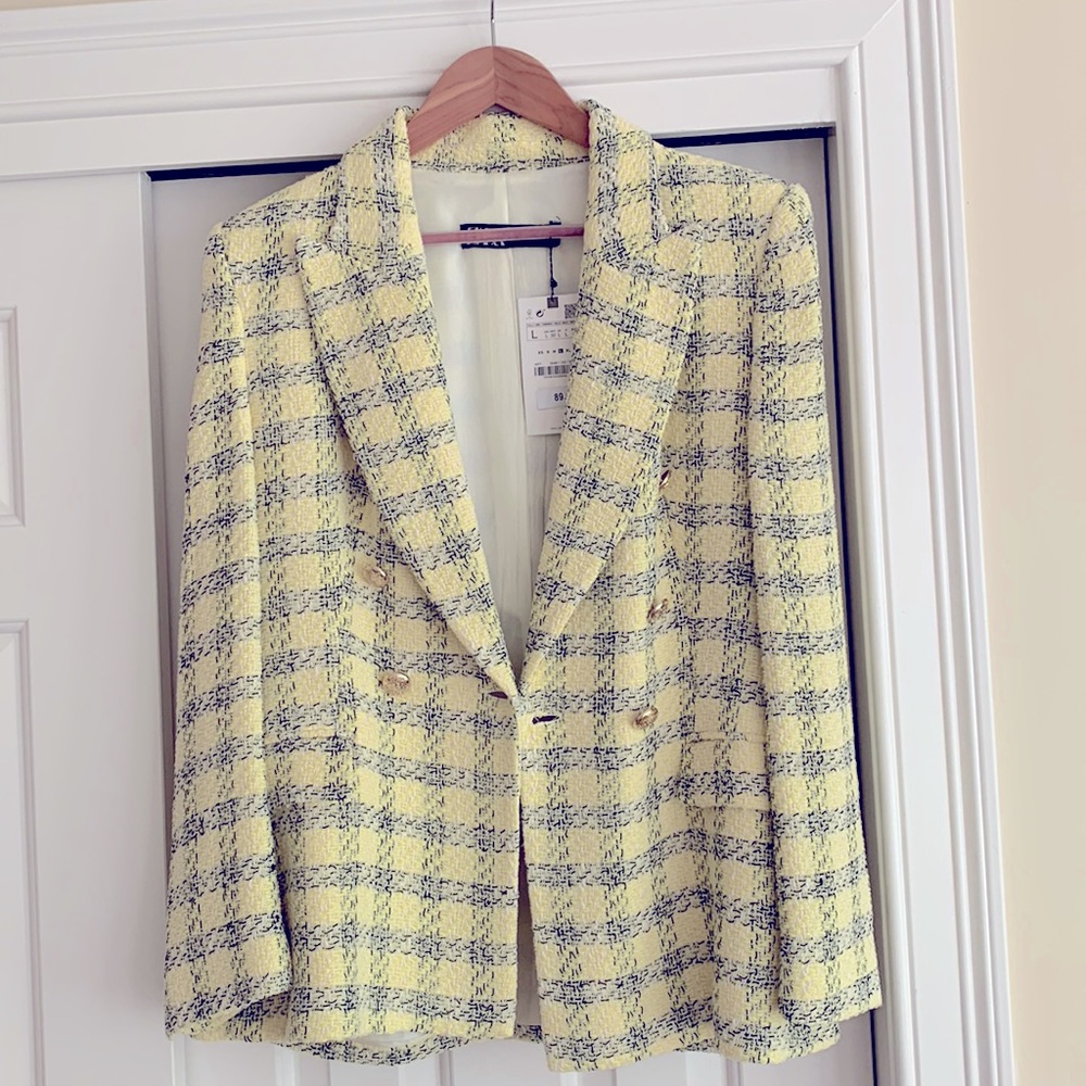 Zara double breasted textured weave blazer